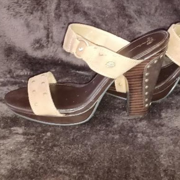 Leather Harley Davidson Brown Studded High Heeled Slides - Size 8.5, NWT - Picture 6 of 7
